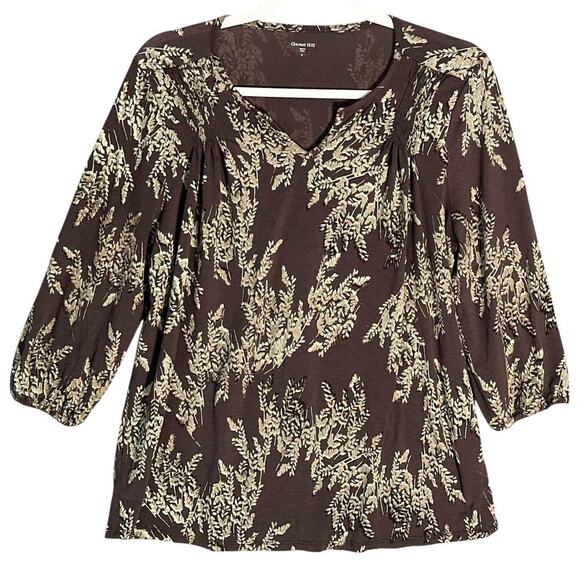 Garnet Hill Sz S Wheat Print 3/4 Sleeve Tunic Top Tencel Split Neck Ruched Flowy - Picture 1 of 9